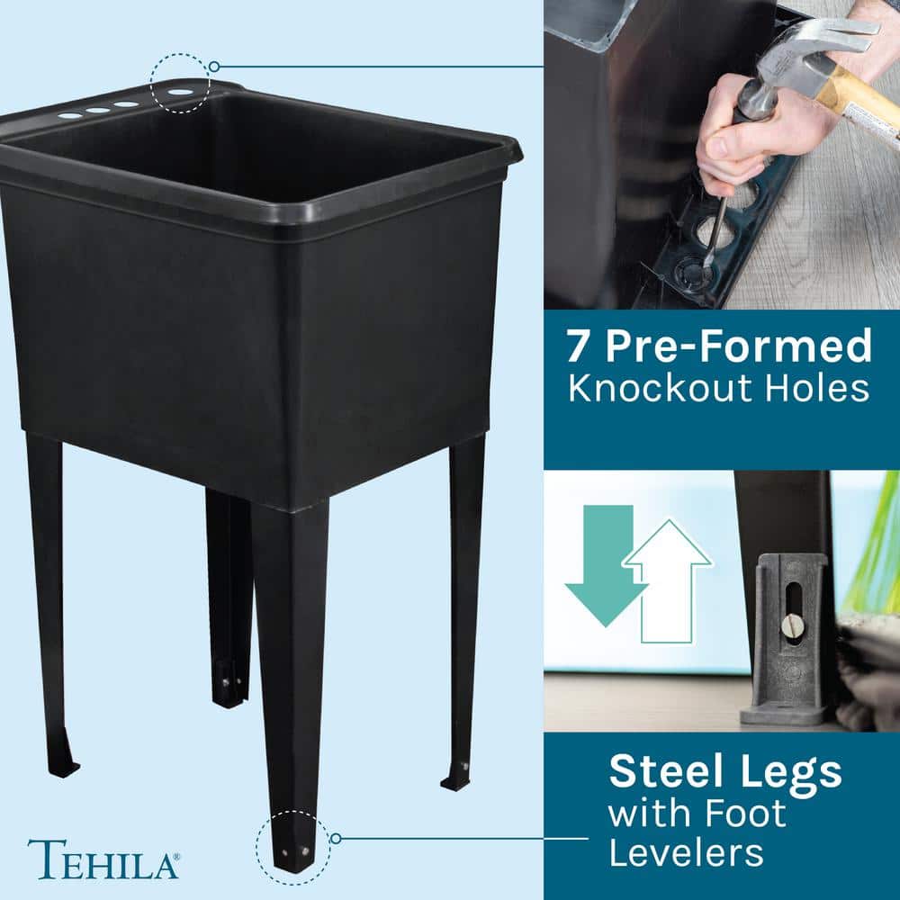 TEHILA 17.75 in. x 23.25 in. Thermoplastic Utility Sink in Black with Faucet and Soap Dispenser