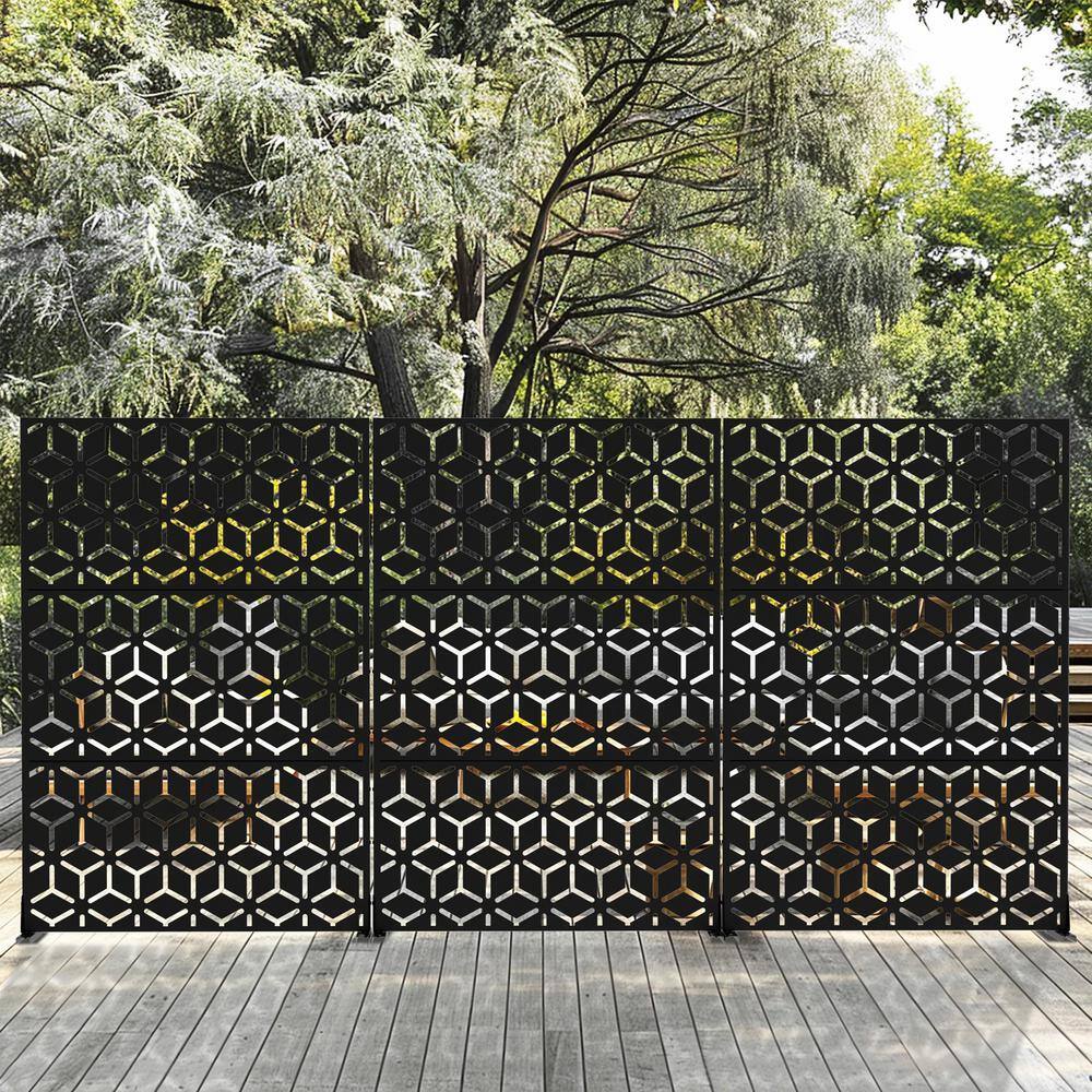 Cadeninc Metal Privacy Screen, 3.92 ft. x 6 ft., Freestanding Fence Panels, Black