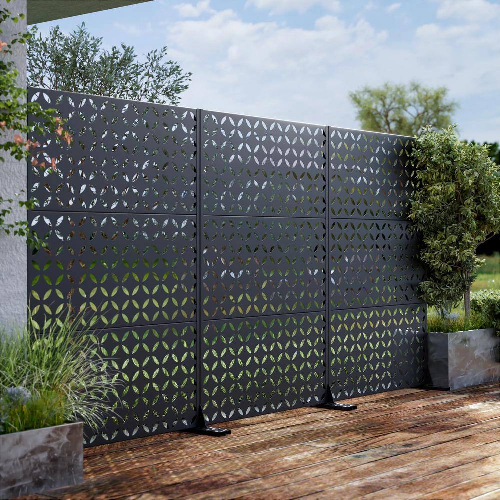 Cadeninc Metal Flat Framed Privacy Screen Fence Panel in Mountain-Shaped Black