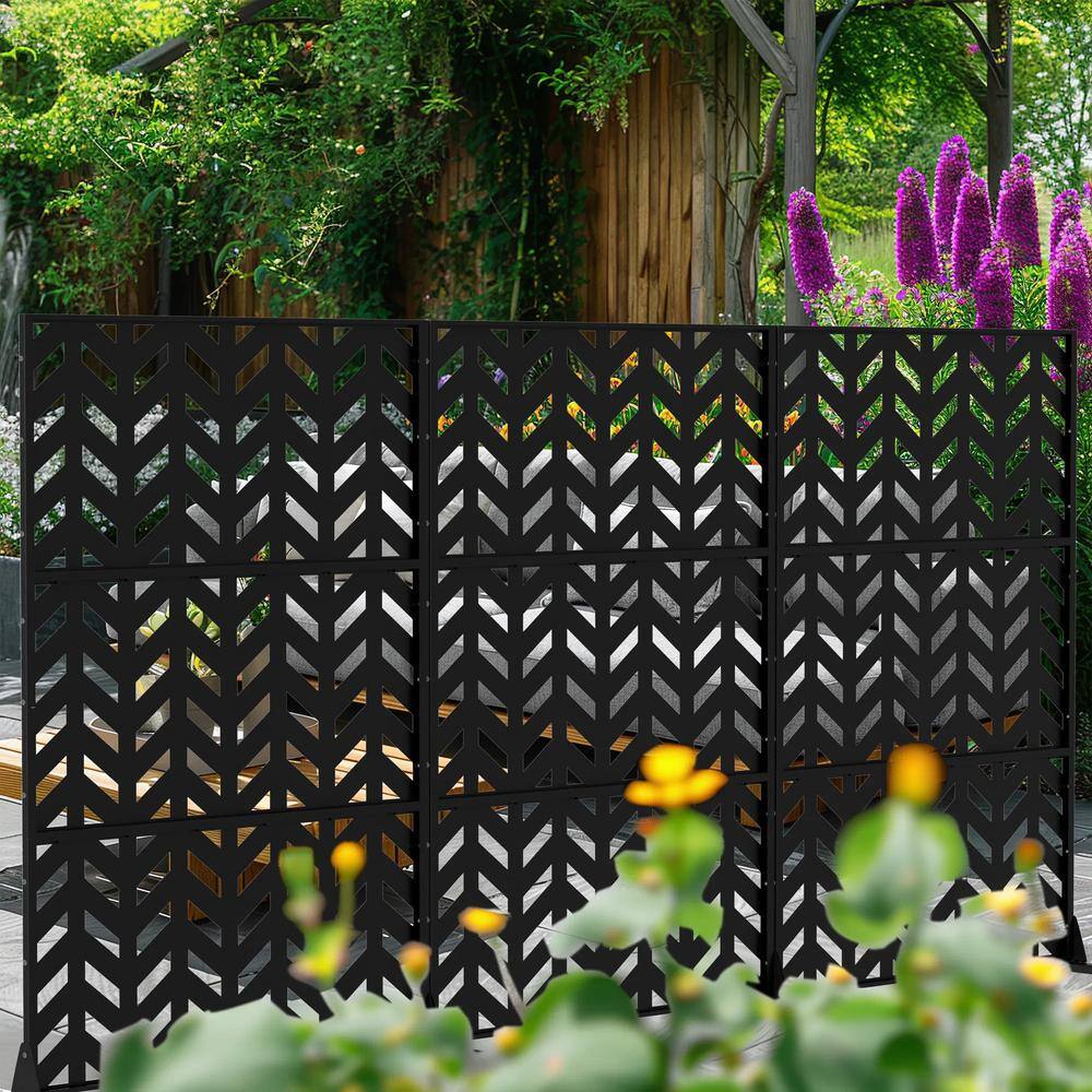 Cadeninc Metal Freestanding Privacy Fence Panel - Fishbone Pattern, Black | 3.92 ft x 6 ft