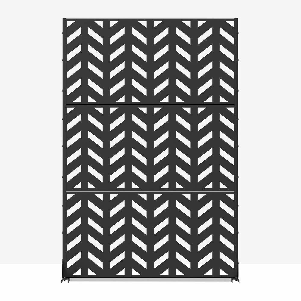 Cadeninc Metal Freestanding Privacy Fence Panel - Fishbone Pattern, Black | 3.92 ft x 6 ft