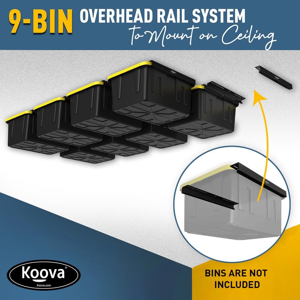 KOOVA 3 in. W x 2 in. H x  26 in. D Nine Bin Rack Adjustable Height Garage Ceiling Mounted Storage Unit Black