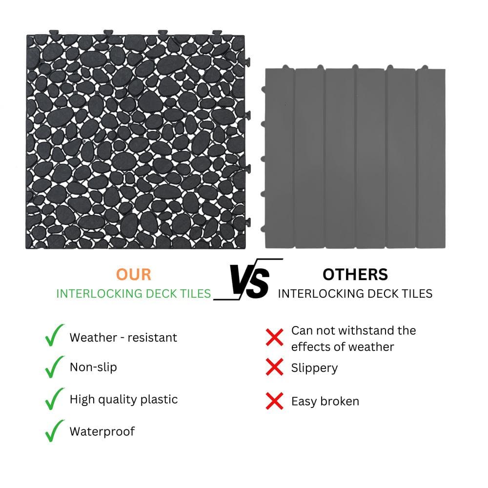 Waterproof Outdoor All Weather Anti-slip 1 ft. x 1 ft. Plastic Deck Tile in Black (Pack of 24)