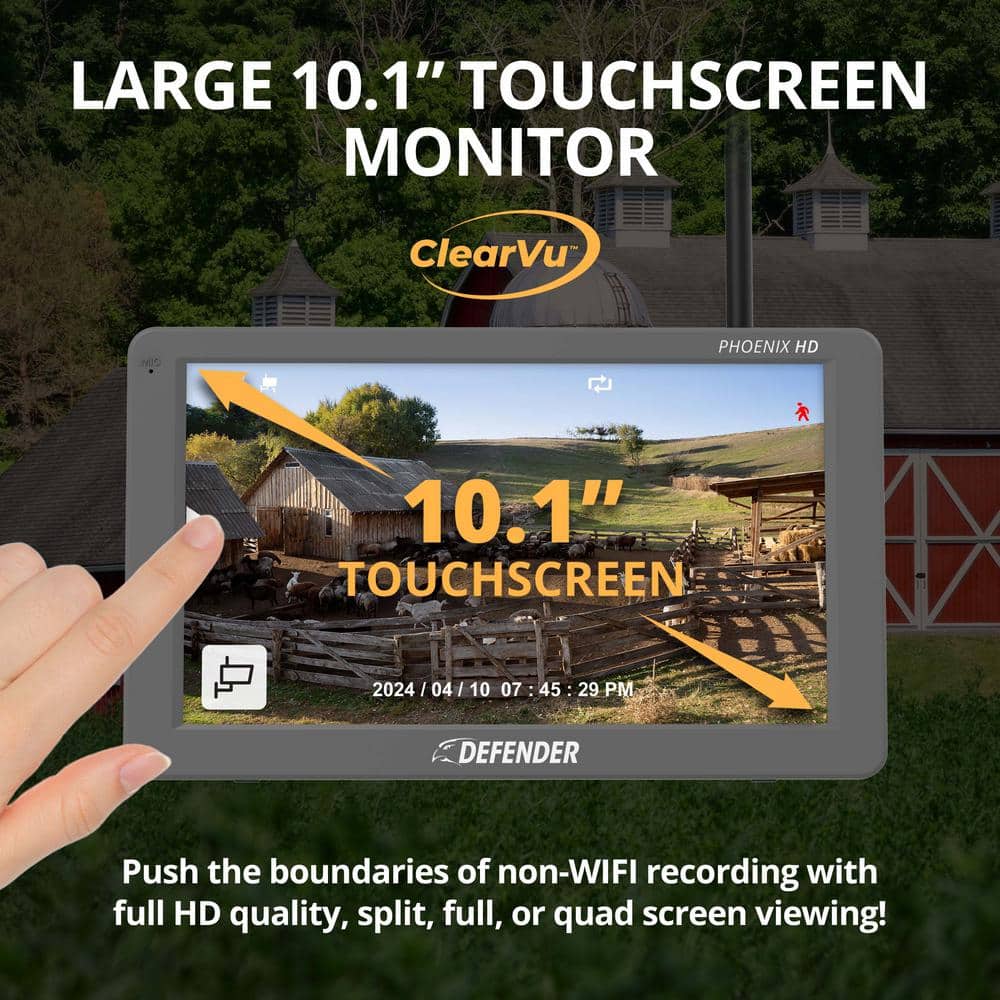 Defender PHOENIXHD Non-Wi-Fi Plug-In Security Camera System with 10.1 in. Monitor, SD Card Recording and 2 Night Vision Cameras
