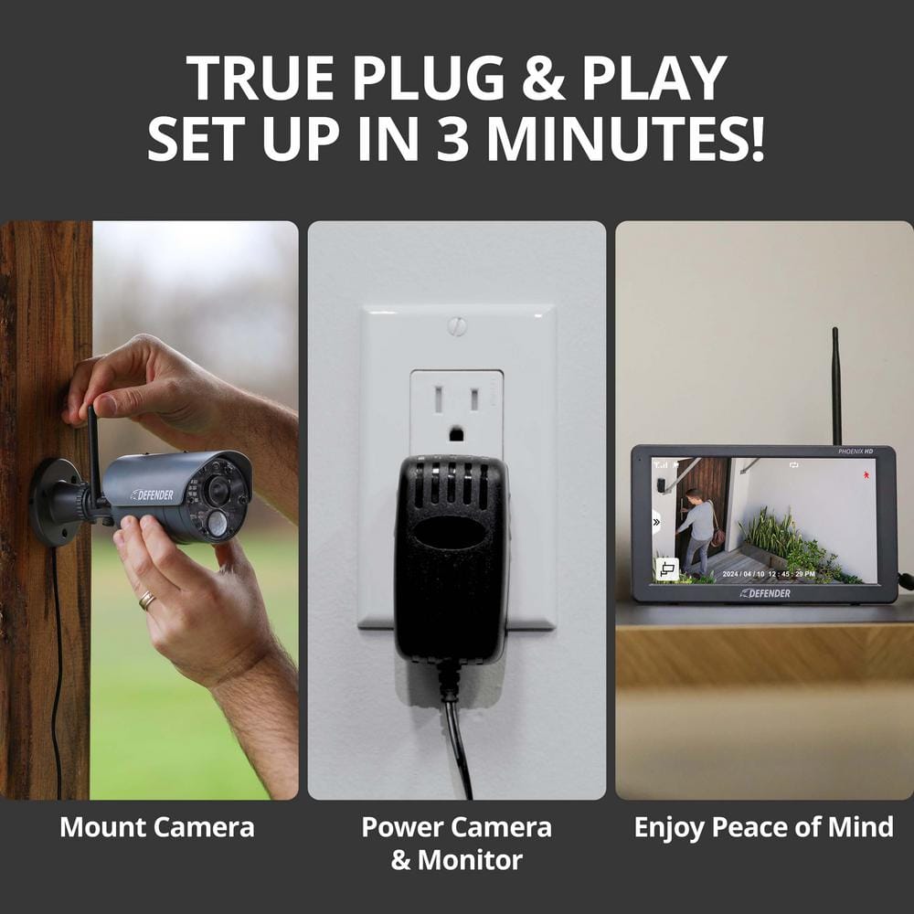 Defender PHOENIXHD Non-Wi-Fi Plug-In Security Camera System with 10.1 in. Monitor, SD Card Recording and 2 Night Vision Cameras