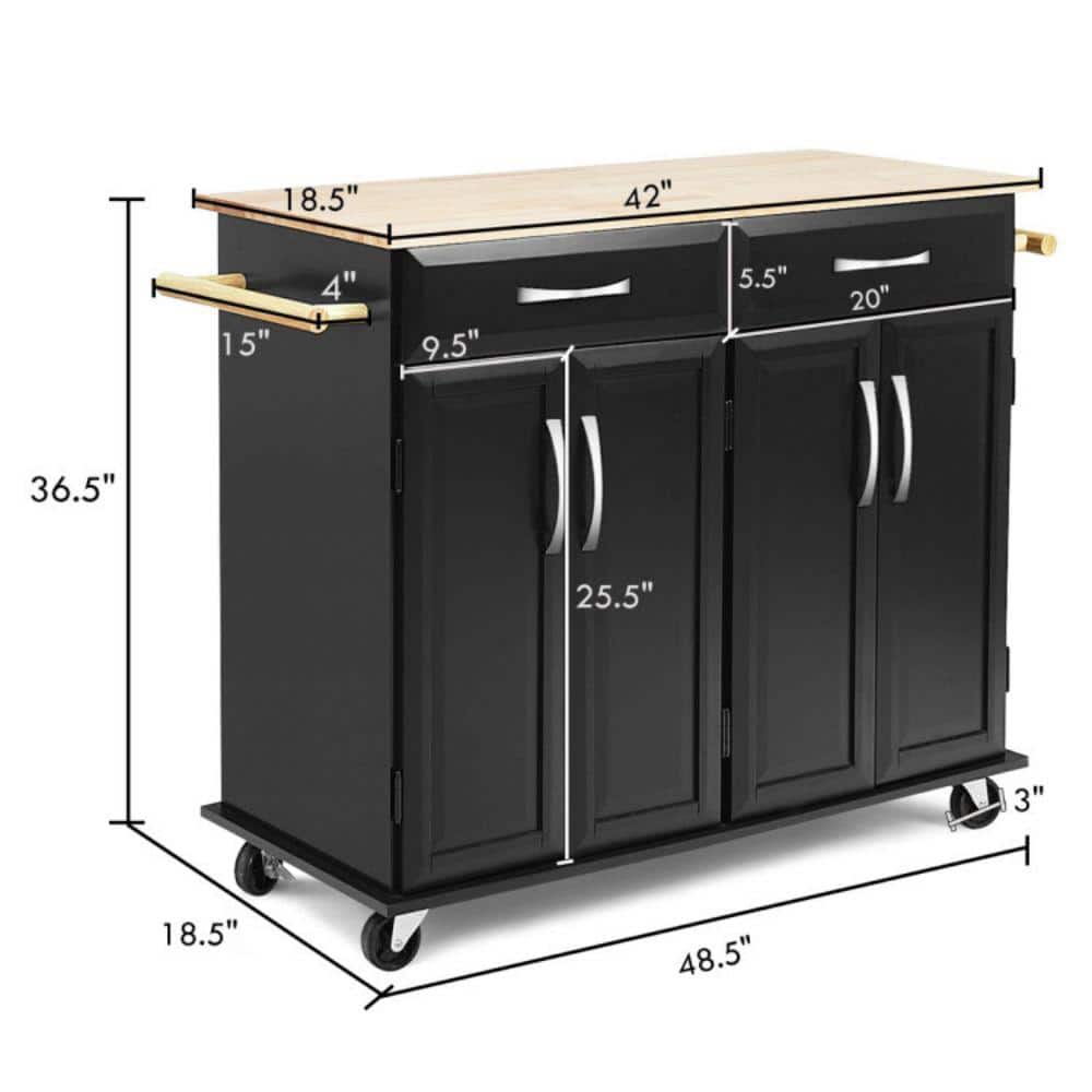 dubbin Rolling Kitchen Island Cart with Rubber Wood Top and Smooth Lockable Wheels