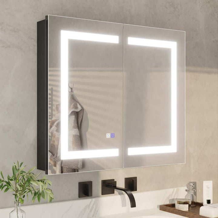ExBrite 30 in. W x 26 in. H Rectangular Silver Aluminum Recessed/Surface Mount Dimmable Medicine Cabinet with Mirror LED