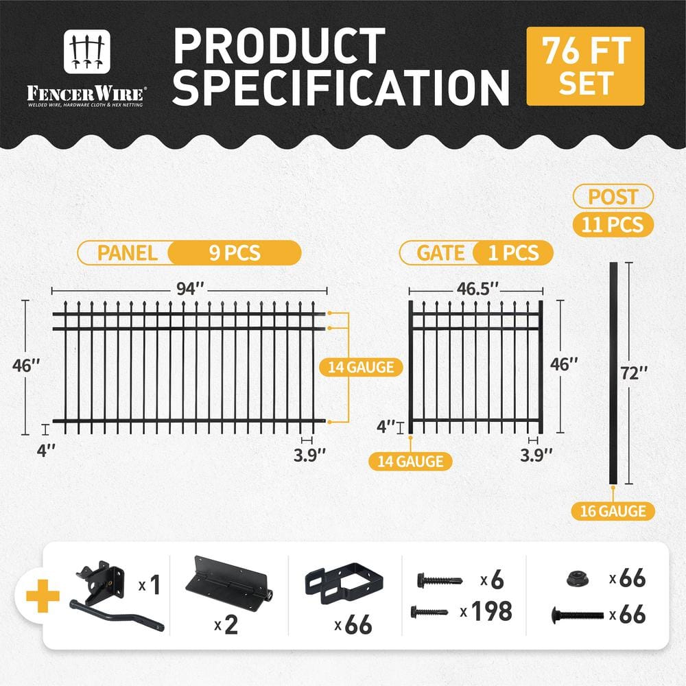 Fencer Wire 4 ft. x 8 ft. Heavy-Duty Steel Spaced Bar Pointed Pinnacle Flat Metal Fence Panel (Set of 76 ft.)