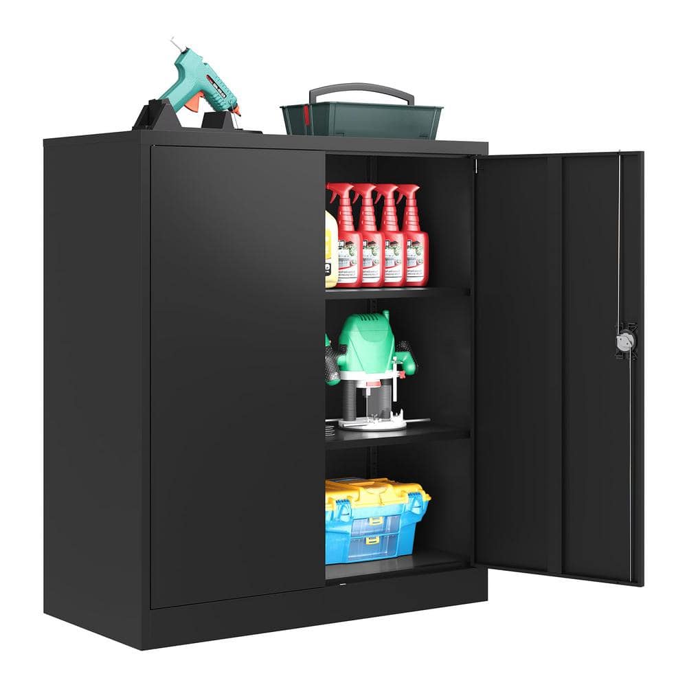 31.5 in. W x 35.4 in. H x 15.7 in. D 2-Adjustable Shelves Metal Garage Storage Freestanding Cabinet w/ 2-Doors in Black