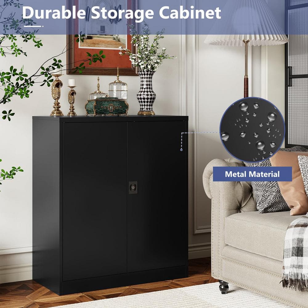 31.5 in. W x 35.4 in. H x 15.7 in. D 2-Adjustable Shelves Metal Garage Storage Freestanding Cabinet w/ 2-Doors in Black