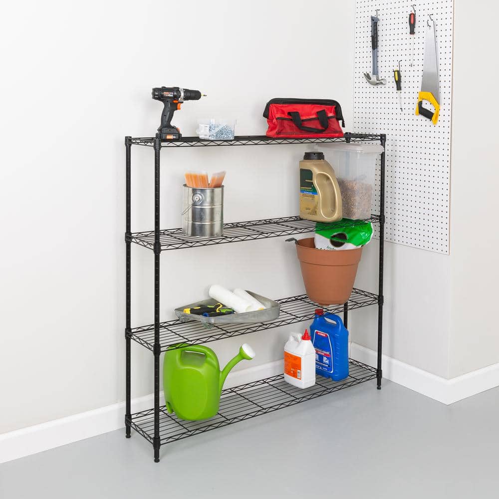 Honey Can Do Steel 48 in. W x 48 in. H x 10 in. D 4-Tier Space Saving 10 in. Depth Garage Storage Shelving Unit, Black