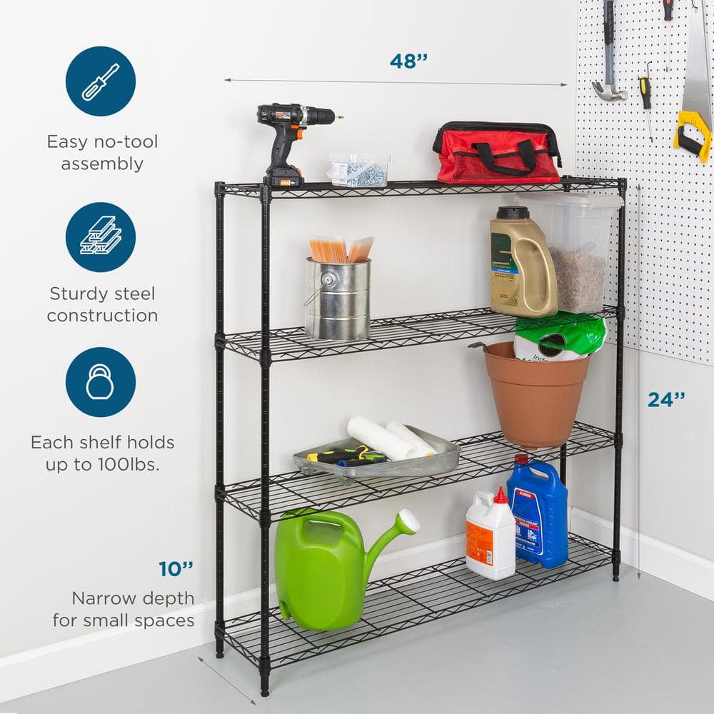 Honey Can Do Steel 48 in. W x 48 in. H x 10 in. D 4-Tier Space Saving 10 in. Depth Garage Storage Shelving Unit, Black