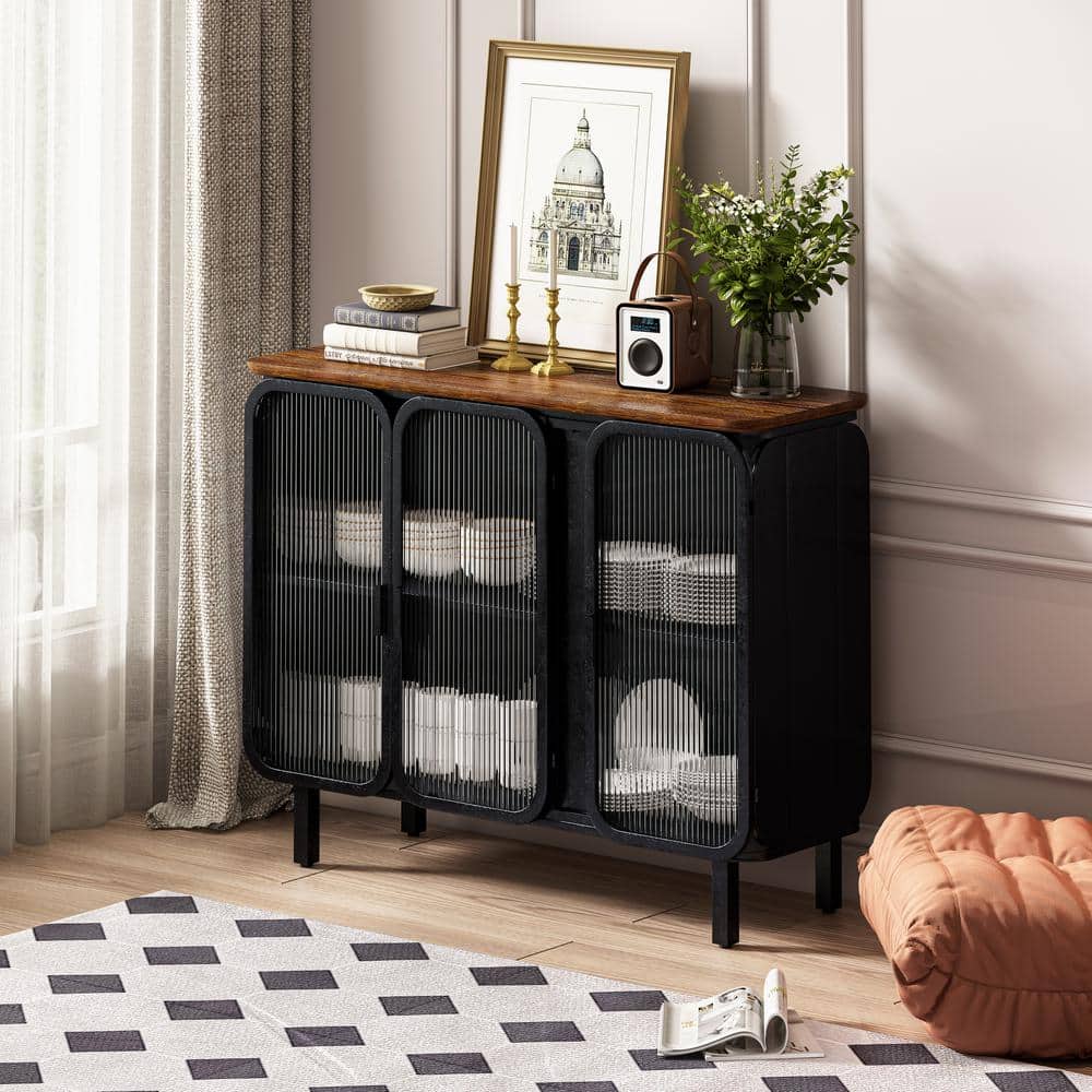 FUNKOL 14.37-in W x 40.94-in D x 31.69-in H in Black Metal Ready to Assemble Floor Kitchen Cabinet with Glass Doors