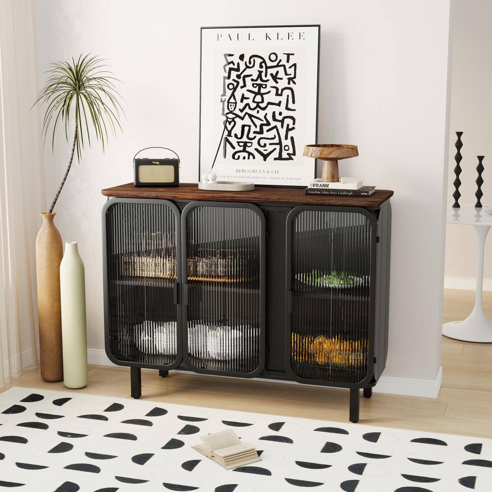 FUNKOL 14.37-in W x 40.94-in D x 31.69-in H in Black Metal Ready to Assemble Floor Kitchen Cabinet with Glass Doors