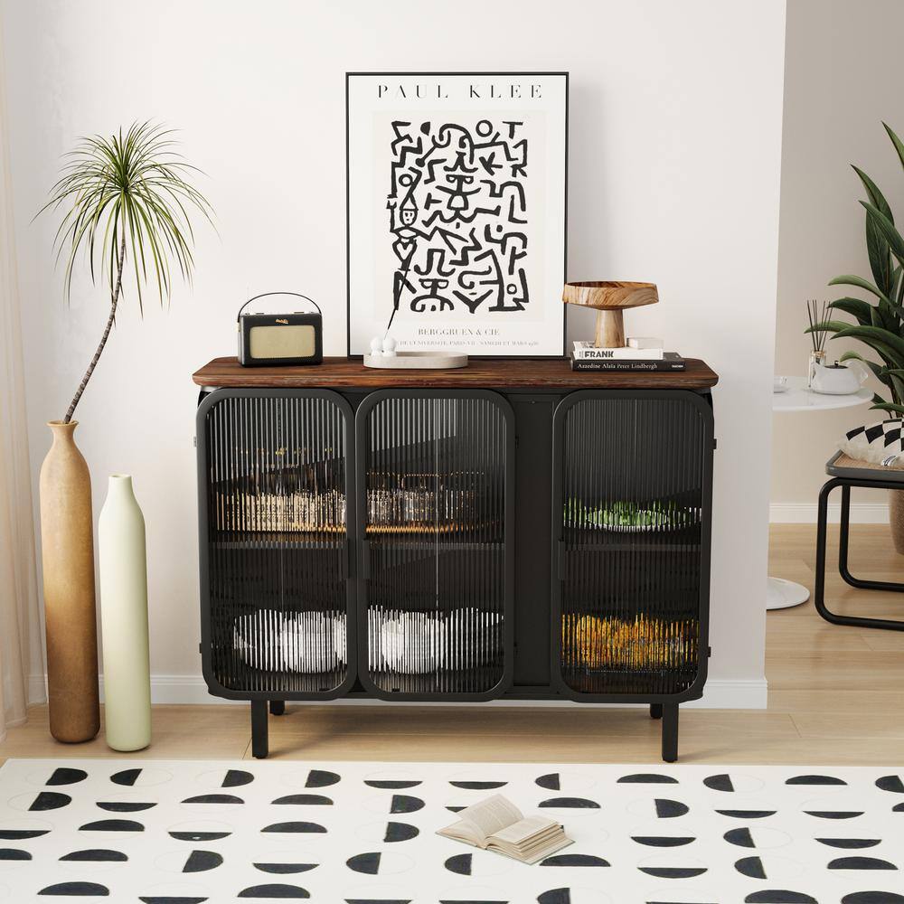 FUNKOL 14.37-in W x 40.94-in D x 31.69-in H in Black Metal Ready to Assemble Floor Kitchen Cabinet with Glass Doors