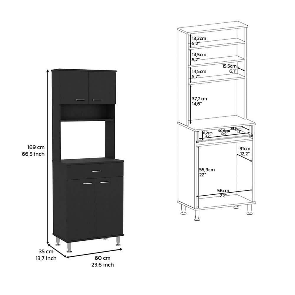 FUNKOL 23.6 in. W x 13.9 in. D x 66.5 in. H Ready to Assemble Pantry Double Door Cabinet, 1-Drawer, 4-Legs, 3-Shelves, Black