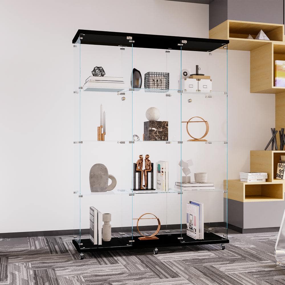 FUNKOL 66.14 in. x 47.64 in. x 14.57 in. 4-Shelf Wooden Ready to Assemble Base Display Cabinet in Black with 2 Glass Doors