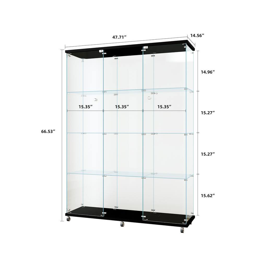FUNKOL 66.14 in. x 47.64 in. x 14.57 in. 4-Shelf Wooden Ready to Assemble Base Display Cabinet in Black with 2 Glass Doors