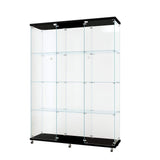 FUNKOL 66.14 in. x 47.64 in. x 14.57 in. 4-Shelf Wooden Ready to Assemble Base Display Cabinet in Black with 2 Glass Doors