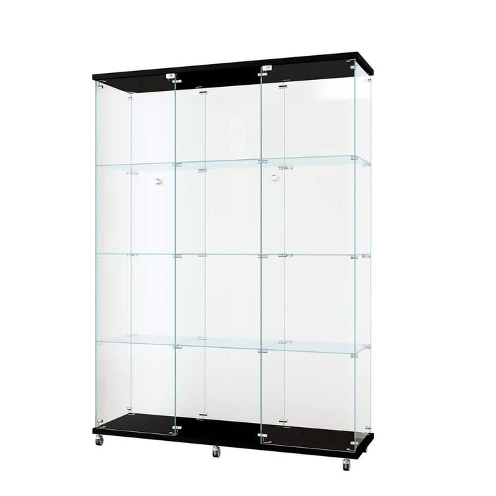 FUNKOL 66.14 in. x 47.64 in. x 14.57 in. 4-Shelf Wooden Ready to Assemble Base Display Cabinet in Black with 2 Glass Doors