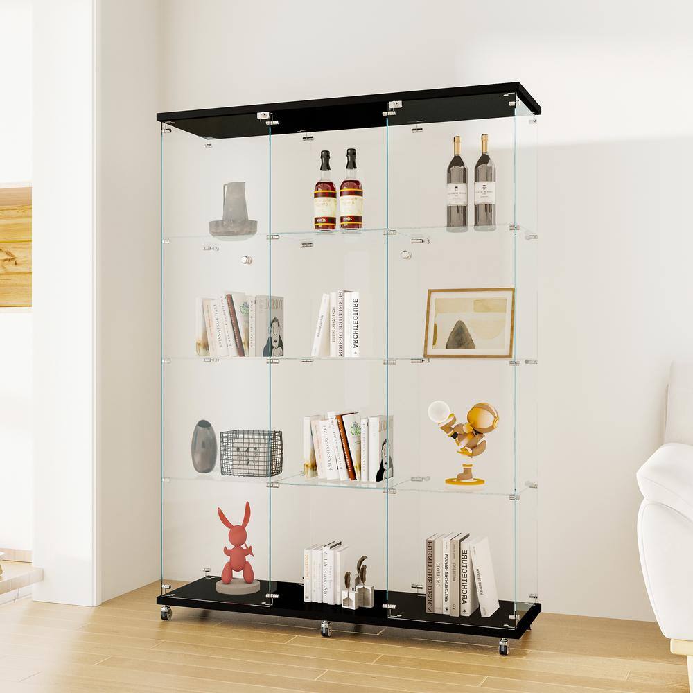 FUNKOL 66.14 in. x 47.64 in. x 14.57 in. 4-Shelf Wooden Ready to Assemble Base Display Cabinet in Black with 2 Glass Doors