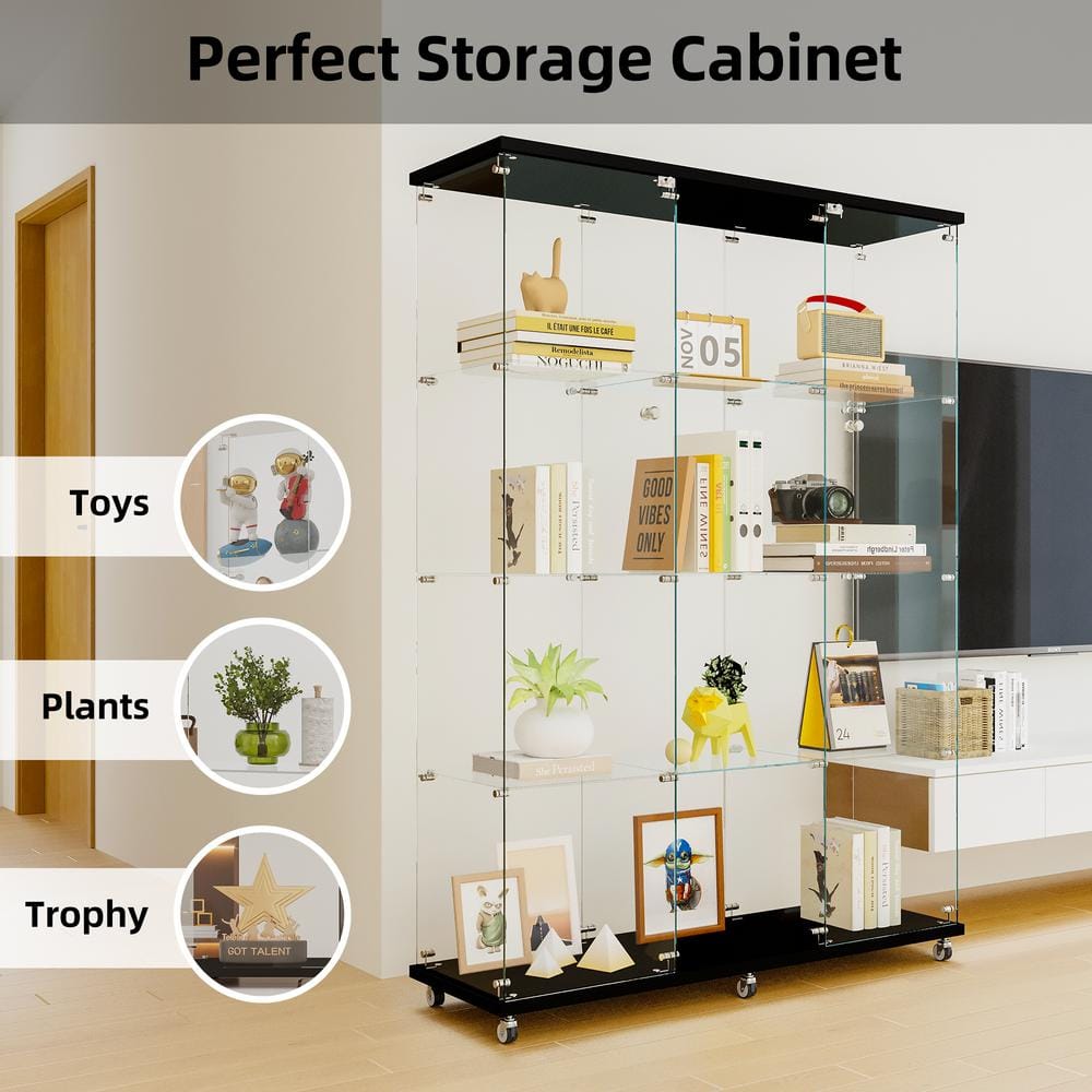 FUNKOL 66.14 in. x 47.64 in. x 14.57 in. 4-Shelf Wooden Ready to Assemble Base Display Cabinet in Black with 2 Glass Doors