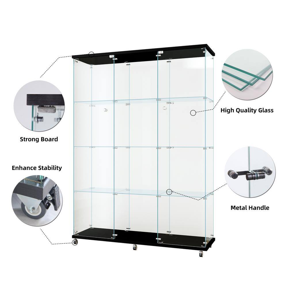 FUNKOL 66.14 in. x 47.64 in. x 14.57 in. 4-Shelf Wooden Ready to Assemble Base Display Cabinet in Black with 2 Glass Doors
