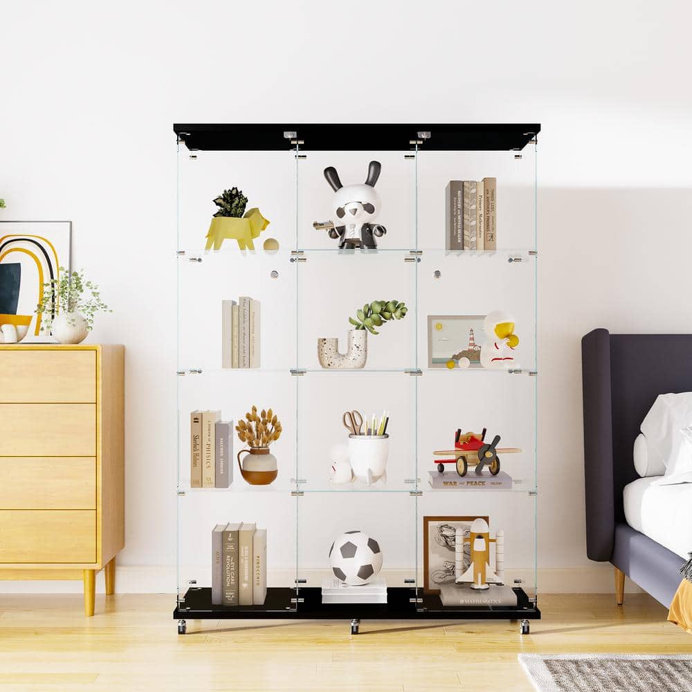 FUNKOL 66.14 in. x 47.64 in. x 14.57 in. 4-Shelf Wooden Ready to Assemble Base Display Cabinet in Black with 2 Glass Doors