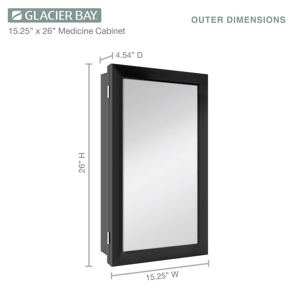 Glacier Bay 15-1/4 in. W x 26 in. H Rectangular Framed Recessed or Surface-Mount Bathroom Medicine Cabinet with Mirror, Black