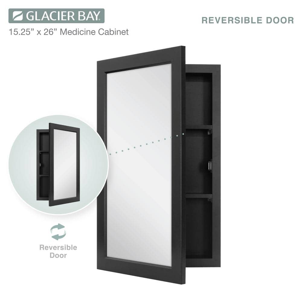 Glacier Bay 15-1/4 in. W x 26 in. H Rectangular Framed Recessed or Surface-Mount Bathroom Medicine Cabinet with Mirror, Black