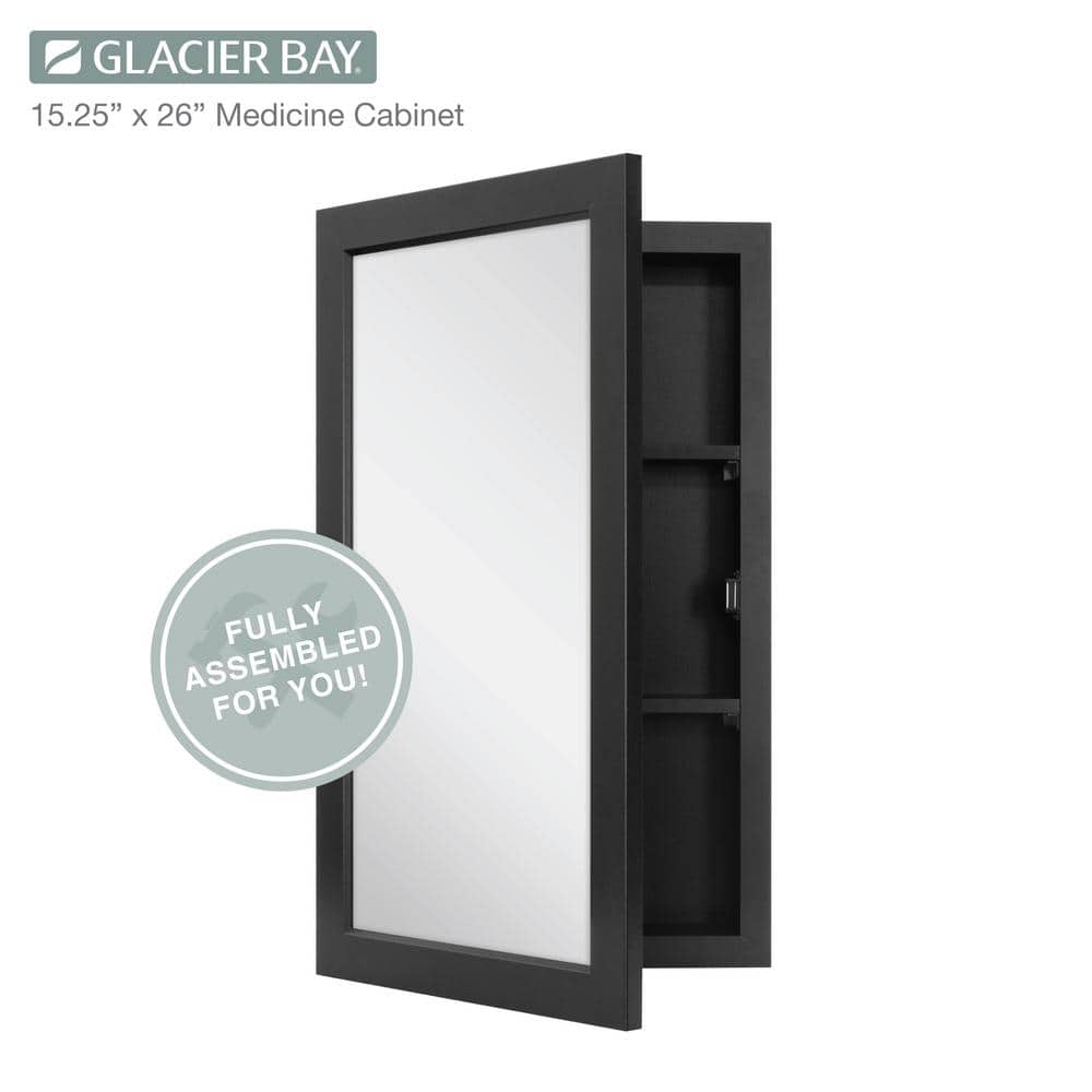Glacier Bay 15-1/4 in. W x 26 in. H Rectangular Framed Recessed or Surface-Mount Bathroom Medicine Cabinet with Mirror, Black