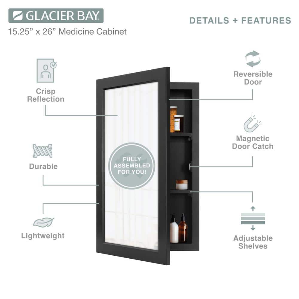 Glacier Bay 15-1/4 in. W x 26 in. H Rectangular Framed Recessed or Surface-Mount Bathroom Medicine Cabinet with Mirror, Black