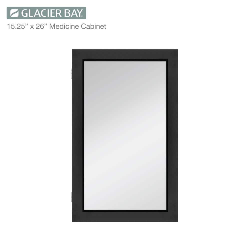 Glacier Bay 15-1/4 in. W x 26 in. H Rectangular Framed Recessed or Surface-Mount Bathroom Medicine Cabinet with Mirror, Black