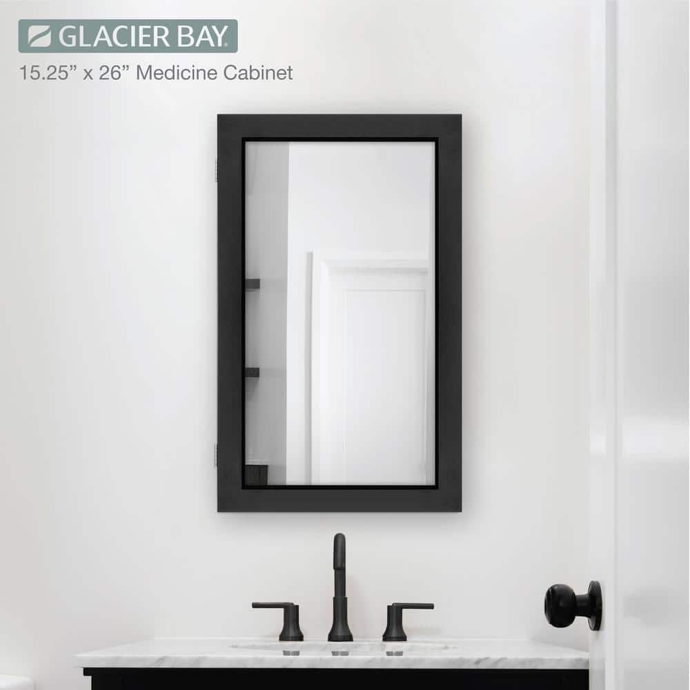 Glacier Bay 15-1/4 in. W x 26 in. H Rectangular Framed Recessed or Surface-Mount Bathroom Medicine Cabinet with Mirror, Black