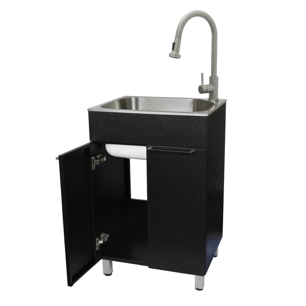 Glacier Bay Stainless Steel Laundry Sink with Faucet and Double Door Cabinet in Black