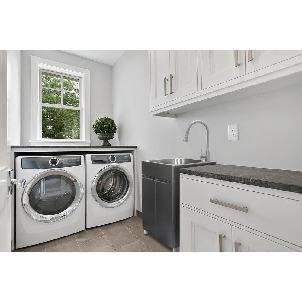 Glacier Bay Stainless Steel Laundry Sink with Faucet and Double Door Cabinet in Black