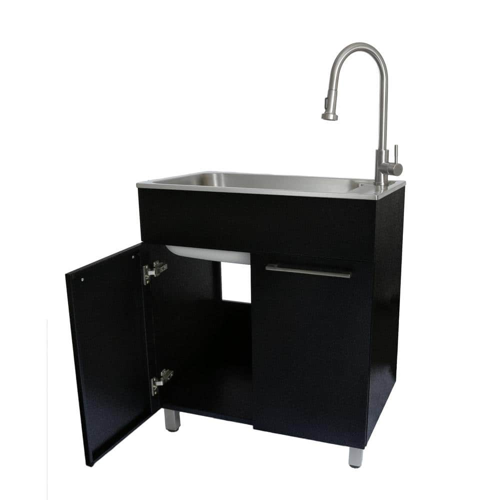 Glacier Bay 28 in. W x 10 in. D x 22 in. L Freestanding Stainless Steel Laundry Sink with Faucet and Double Door Cabinet in Black