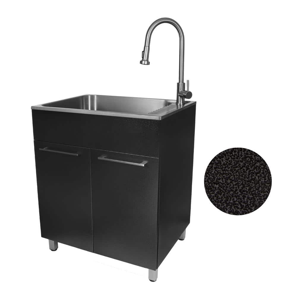 Glacier Bay 28 in. W x 10 in. D x 22 in. L Freestanding Stainless Steel Laundry Sink with Faucet and Double Door Cabinet in Black