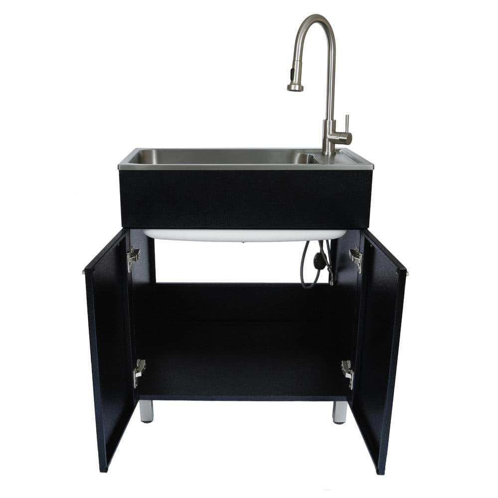 Glacier Bay 28 in. W x 10 in. D x 22 in. L Freestanding Stainless Steel Laundry Sink with Faucet and Double Door Cabinet in Black