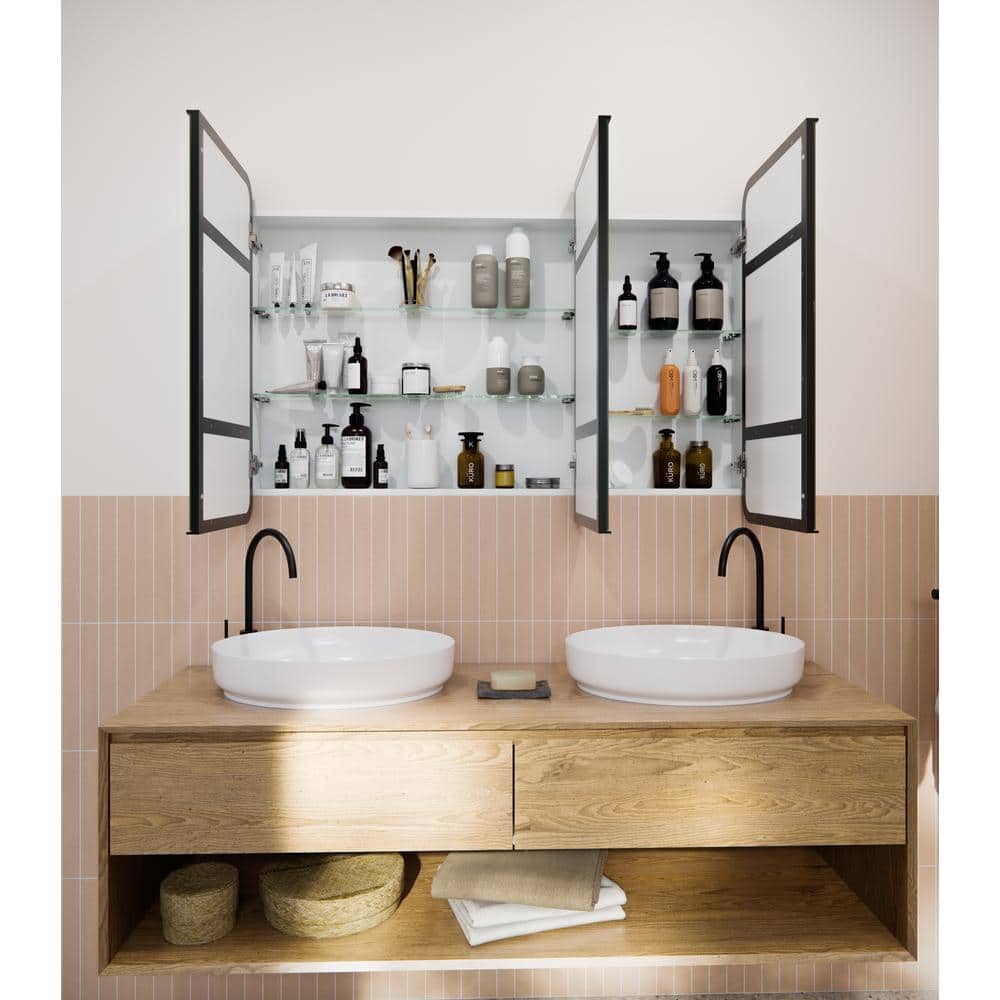 Glass Warehouse Calla 48 in. W x 32 in. H x 5 in. D Black Recessed Medicine Cabinet with Mirror