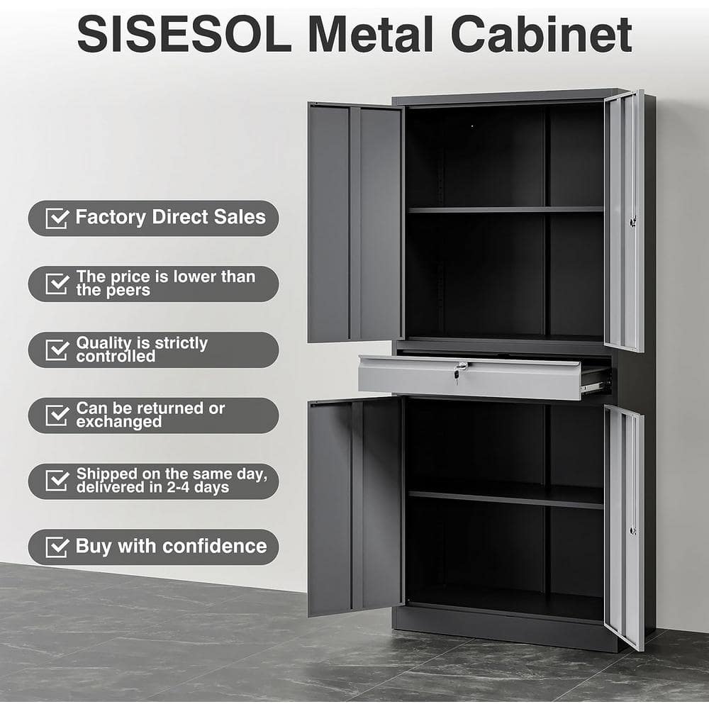 LISSIMO 31.50 in. W x 70.87 in. H x 15.75 in. D Black and Grey Freestanding Cabinet Metal Cabinets with 1-drawer and 2-Shelves