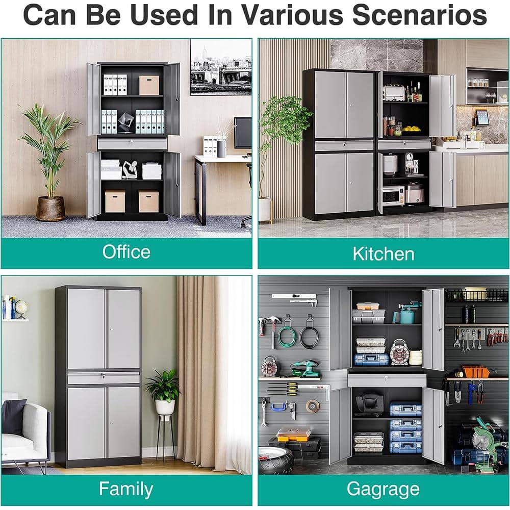 LISSIMO 31.50 in. W x 70.87 in. H x 15.75 in. D Black and Grey Freestanding Cabinet Metal Cabinets with 1-drawer and 2-Shelves
