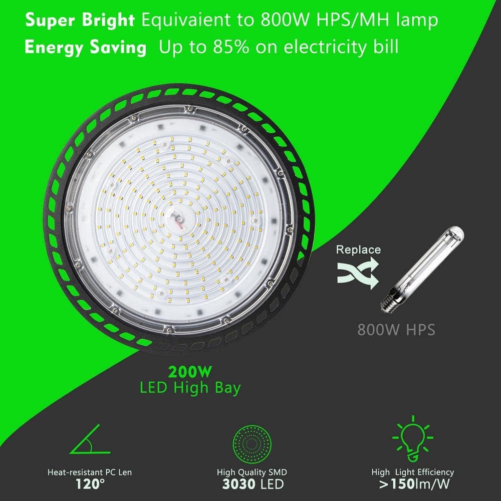 bulbeats 6-Pack of 200-Watt LED High Bay Light 30000LM High Bay LED Shop Lights AC100-277V Commercial Bay Lighting for Warehouse