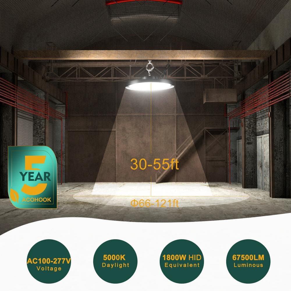 bulbeats 4-Pack of 450-Watt LED High Bay Light 67500 Lumens High Bay LED Shop Lights AC 100-277-Volt UFO LED Lights for Warehouse