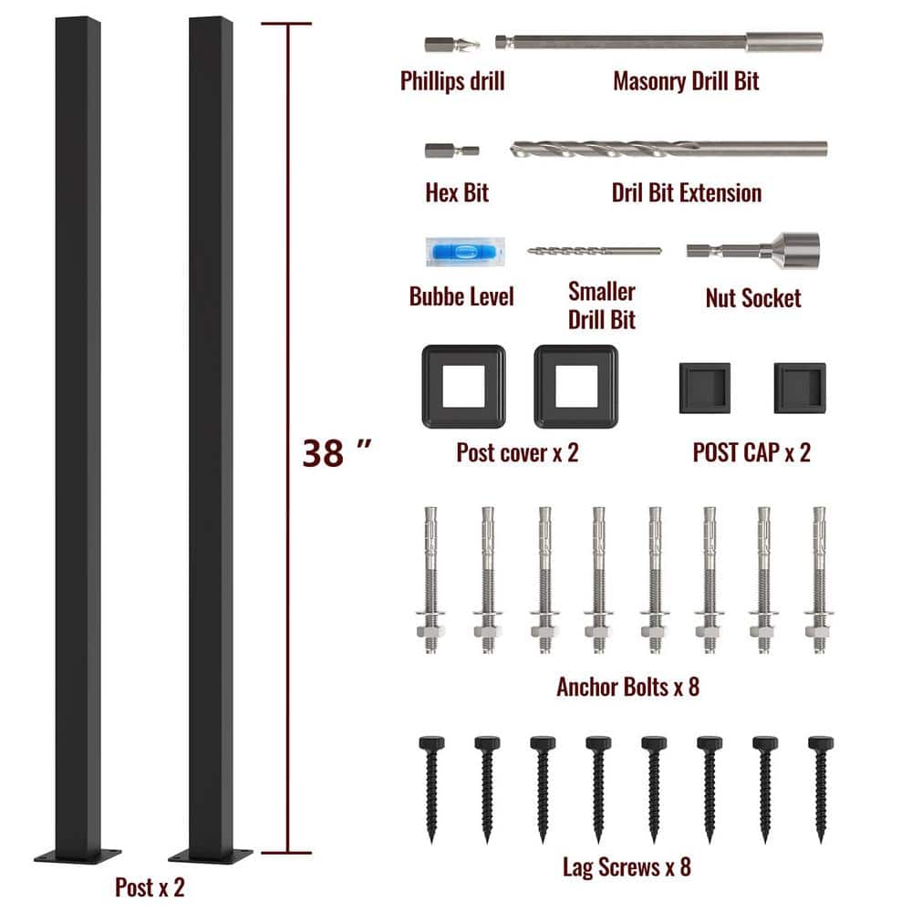 HOMEIBRO 38 in. x 1.2 in. Galvanized Steel Matte Black Deck Balusters (2-Pack)