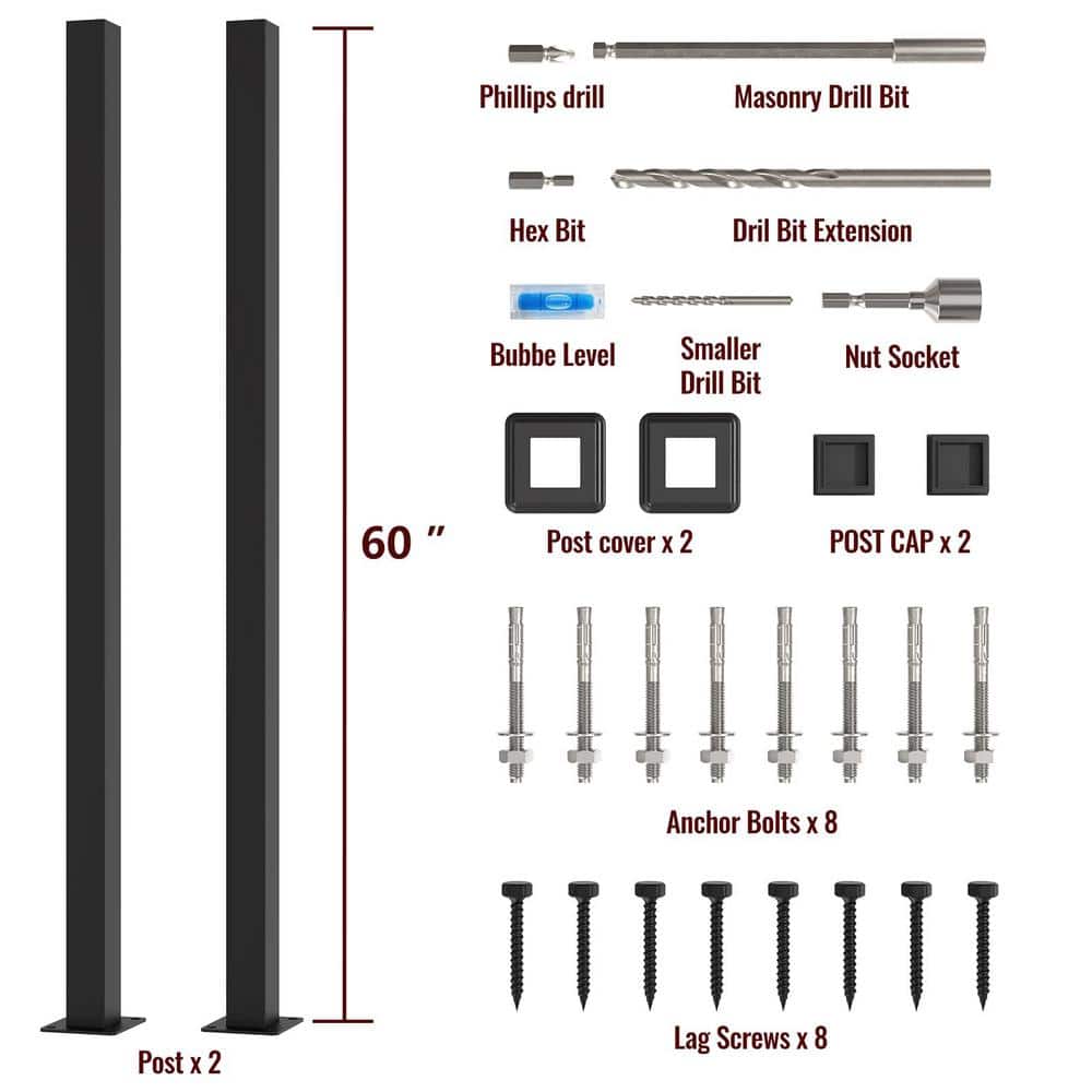 HOMEIBRO 60 in. x 1.2 in. Galvanized Steel Matte Black Deck Balusters (2-Pack)