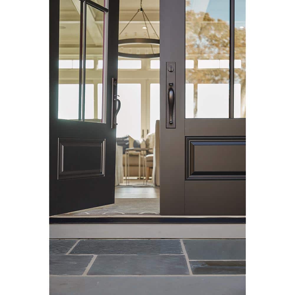 JELD-WEN 36 in. x 80 in. Left-Hand 4 Lite Clear Glass Black Painted Fiberglass Prehung Front Door with Brickmould