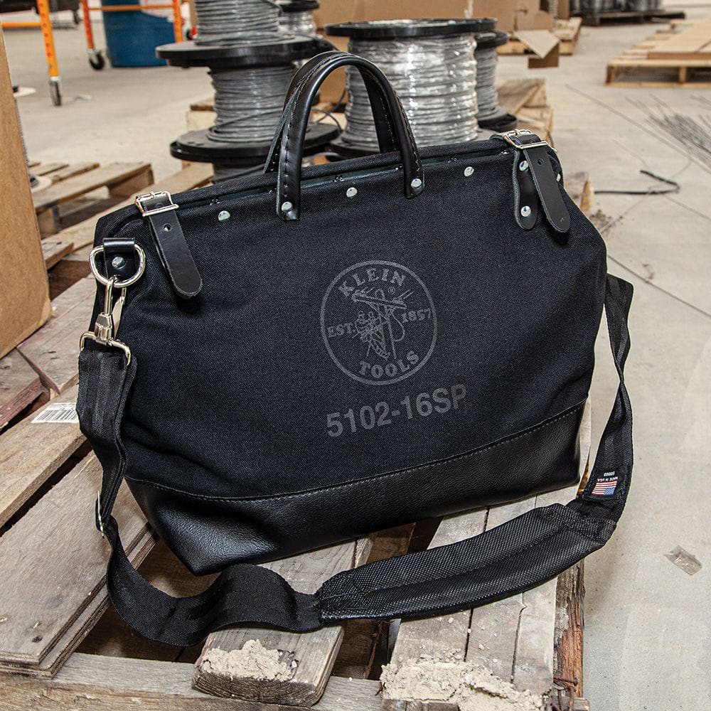 Klein Tools Deluxe Tool Bag, Black Canvas, 13 Interior Pockets, 16 in, Model 510216SPBLK