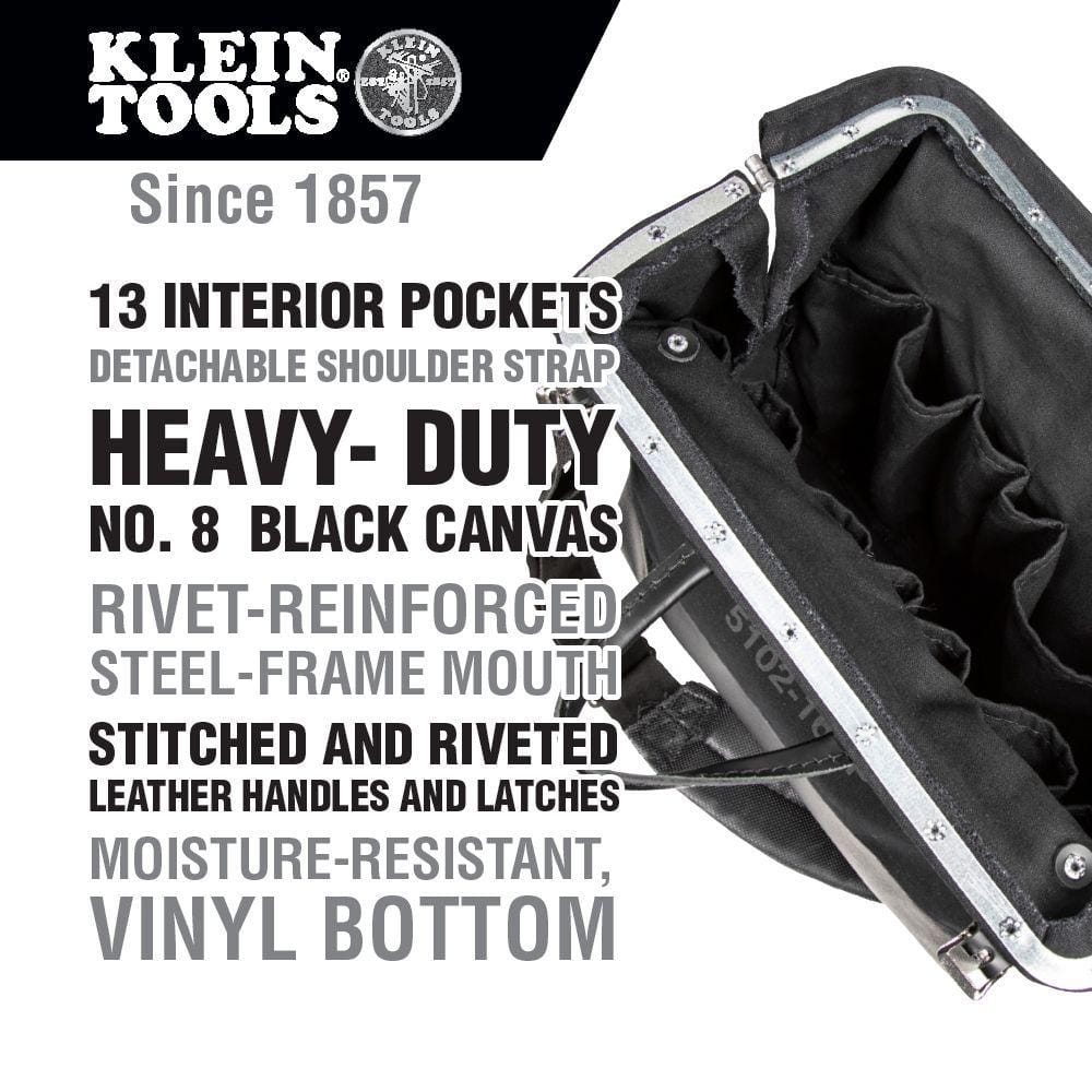 Klein Tools Deluxe Tool Bag, Black Canvas, 13 Interior Pockets, 16 in, Model 510216SPBLK