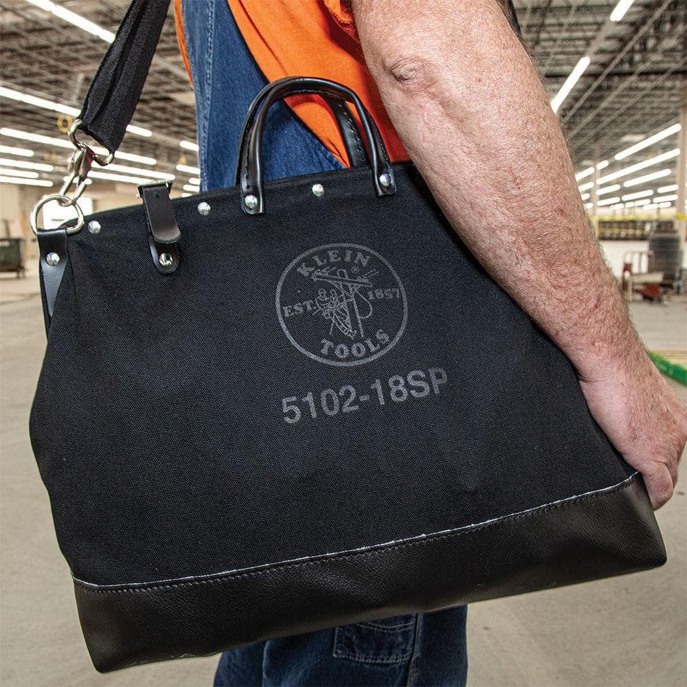 Klein Tools Deluxe Canvas Tool Bag with Shoulder Strap, Black, 13 Interior Pockets, 18 in.